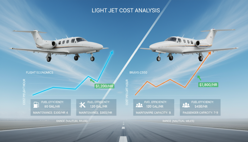 A comprehensive cost analysis of light jets, featuring a split image with a Cessna Citation Mustang on one side and a C550 on the other. In the foreground, display a sleek line graph showing cost comparisons, with visual indicators such as arrows pointing towards key figures. The middle ground includes infographics detailing flight economics, including fuel efficiency metrics, maintenance costs, and passenger capacity. The background features a light blue sky with wispy clouds, symbolizing aviation, and a distant runway. Utilize bright, professional lighting to create a clear and focused atmosphere. The angle should be slightly tilted to emphasize movement and progress, evoking a sense of innovation in the light jet industry. The overall mood should be analytical and informative, aimed at conveying professionalism and insight.