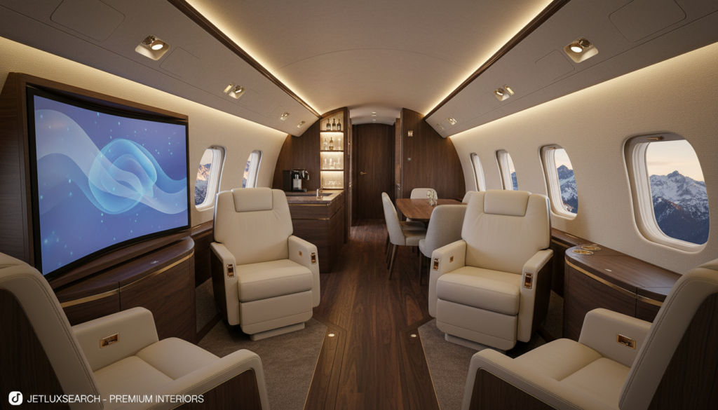A luxurious private jet cabin interior designed for 2026, showcasing meticulous attention to detail and sophisticated specifications. In the foreground, display an elegant seating arrangement with plush leather chairs, sleek finishes, and rich wooden accents, all oriented towards a modern entertainment system. The middle ground features a spacious layout, emphasizing dimensions with wide aisles and features like a dining area with a polished table, ambient LED lighting creating a soft glow. The background reveals large, panoramic windows revealing a scenic view, enhancing a sense of lavish travel. Capture this scene from an angle that highlights depth and sophistication, using warm lighting and a wide lens to accentuate the cabin’s luxury. Aim for an inviting and opulent atmosphere, making it clear this is a prime example of JetLuxSearch’s premium private jet interiors. A luxurious private jet cabin interior designed for 2026, showcasing meticulous attention to detail and sophisticated specifications. In the foreground, display an elegant seating arrangement with plush leather chairs, sleek finishes, and rich wooden accents, all oriented towards a modern entertainment system. The middle ground features a spacious layout, emphasizing dimensions with wide aisles and features like a dining area with a polished table, ambient LED lighting creating a soft glow. The background reveals large, panoramic windows revealing a scenic view, enhancing a sense of lavish travel. Capture this scene from an angle that highlights depth and sophistication, using warm lighting and a wide lens to accentuate the cabin’s luxury. Aim for an inviting and opulent atmosphere, making it clear this is a prime example of JetLuxSearch’s premium private jet interiors.