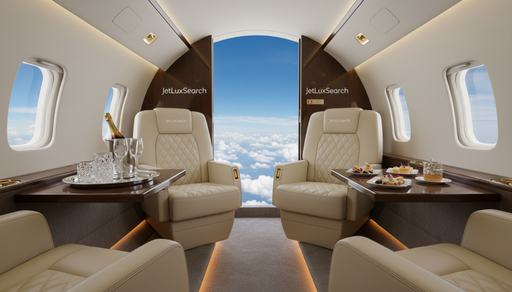 A luxurious private jet interior showcasing elegant seating arrangements and high-end finishes, designed for VIP travel. In the foreground, plush leather seats with fine stitching, accompanied by polished wooden accents and mood lighting that casts a warm glow. In the middle, a sleek coffee table adorned with premium beverages and gourmet snacks, contrasting with a backdrop view of a panoramic window revealing a stunning blue sky and distant clouds. The atmosphere is sophisticated and tranquil, reflecting luxury and exclusivity. Use soft, diffused lighting to enhance the opulence of the space. Capture this scene from a low angle to emphasize the spaciousness and grandeur of the private jet interior. Include the brand name "JetLuxSearch" prominently in the design. A luxurious private jet interior showcasing elegant seating arrangements and high-end finishes, designed for VIP travel. In the foreground, plush leather seats with fine stitching, accompanied by polished wooden accents and mood lighting that casts a warm glow. In the middle, a sleek coffee table adorned with premium beverages and gourmet snacks, contrasting with a backdrop view of a panoramic window revealing a stunning blue sky and distant clouds. The atmosphere is sophisticated and tranquil, reflecting luxury and exclusivity. Use soft, diffused lighting to enhance the opulence of the space. Capture this scene from a low angle to emphasize the spaciousness and grandeur of the private jet interior. Include the brand name "JetLuxSearch" prominently in the design.