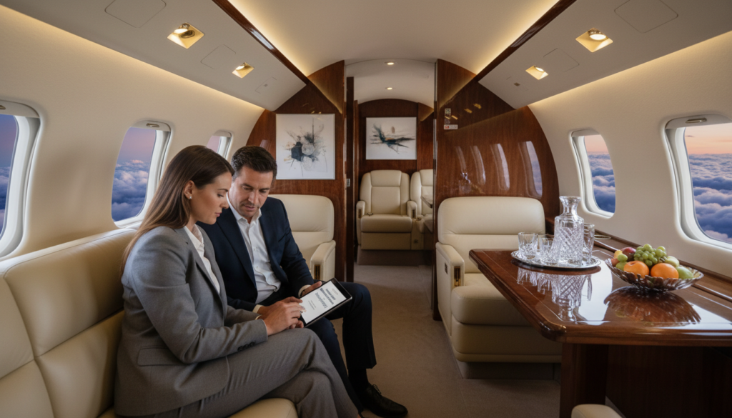 A luxurious private jet interior, showcasing elegant seating arrangements with plush leather sofas and custom finishes reflecting the ultimate in comfort. The foreground features a well-dressed professional couple in business attire, reviewing flight options on a sleek tablet, embodying sophistication and exclusivity. In the middle ground, a view of a stylish cabin with ambient lighting, adorned with tasteful art and a polished wooden table set for refreshments. The background presents large windows revealing a breathtaking cloudscape, emphasizing the serenity of private air travel. The atmosphere is upscale and serene, highlighting the concept of "Valens/Villiers Affiliate Booking & Empty Leg Savings" under the brand "JetLuxSearch." Use soft, natural lighting to emphasize the rich textures and inviting design of the jet interior, captured from a slightly elevated angle for a comprehensive view. A luxurious private jet interior, showcasing elegant seating arrangements with plush leather sofas and custom finishes reflecting the ultimate in comfort. The foreground features a well-dressed professional couple in business attire, reviewing flight options on a sleek tablet, embodying sophistication and exclusivity. In the middle ground, a view of a stylish cabin with ambient lighting, adorned with tasteful art and a polished wooden table set for refreshments. The background presents large windows revealing a breathtaking cloudscape, emphasizing the serenity of private air travel. The atmosphere is upscale and serene, highlighting the concept of "Valens/Villiers Affiliate Booking & Empty Leg Savings" under the brand "JetLuxSearch." Use soft, natural lighting to emphasize the rich textures and inviting design of the jet interior, captured from a slightly elevated angle for a comprehensive view.