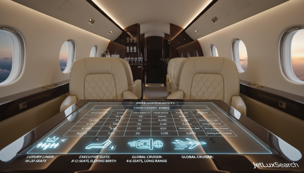 A sleek and modern jet model comparison table set in a luxurious private jet interior. In the foreground, elegantly designed icons representing different jet models, showcasing their unique features such as seating capacity, cabin dimensions, and luxury amenities. The middle layer features a glossy, professional table format displaying the comparison metrics in an easy-to-read layout. The background showcases an inviting jet cabin with rich leather seats, ambient lighting, and polished wood finishes, creating a sophisticated atmosphere. Use a wide-angle lens to capture the entire scene, ensuring the lighting is soft yet illuminated to highlight the luxury details. The image conveys an upscale mood, ideal for discerning private jet clients. The brand name "JetLuxSearch" subtly integrated into the design. A sleek and modern jet model comparison table set in a luxurious private jet interior. In the foreground, elegantly designed icons representing different jet models, showcasing their unique features such as seating capacity, cabin dimensions, and luxury amenities. The middle layer features a glossy, professional table format displaying the comparison metrics in an easy-to-read layout. The background showcases an inviting jet cabin with rich leather seats, ambient lighting, and polished wood finishes, creating a sophisticated atmosphere. Use a wide-angle lens to capture the entire scene, ensuring the lighting is soft yet illuminated to highlight the luxury details. The image conveys an upscale mood, ideal for discerning private jet clients. The brand name "JetLuxSearch" subtly integrated into the design.