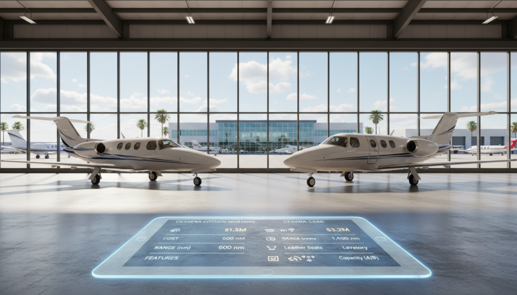 A sophisticated private jet comparison platform scene featuring a Cessna Citation Mustang and a C550 light jet, positioned side by side. In the foreground, a sleek interface displays key specifications such as cost, range, and features, highlighted with illuminated icons. The middle ground showcases the jets, gleaming in a bright, sunlit hangar, with reflections on the polished floor. In the background, a modern business aviation terminal is visible, with clear blue skies peeking through large windows. Soft, diffused lighting enhances the atmosphere, capturing a sense of professionalism and luxury. The image encapsulates the essence of high-end private aviation, exuding a mood of sophistication and insightful decision-making in travel options.