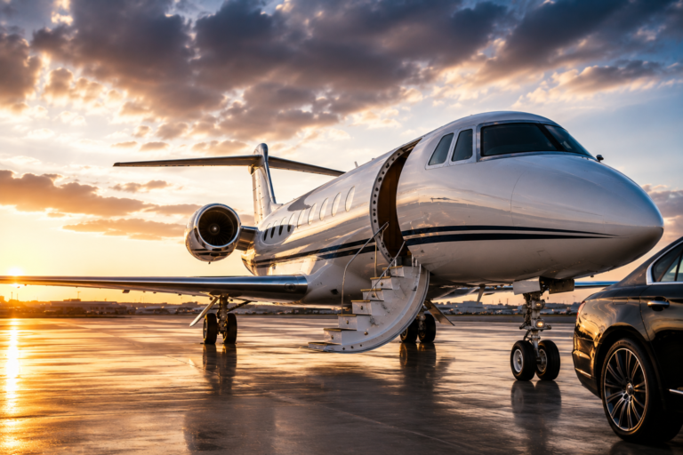 Private jet on airport tarmac at sunset for empty leg flights guide