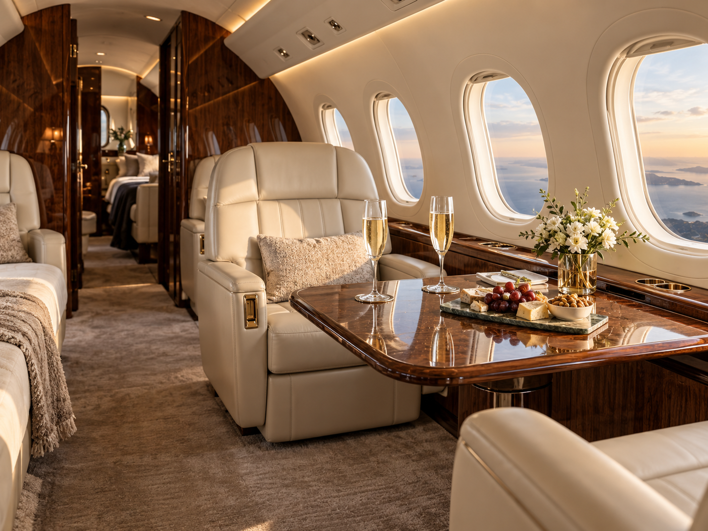empty leg private jet boarding at sunset